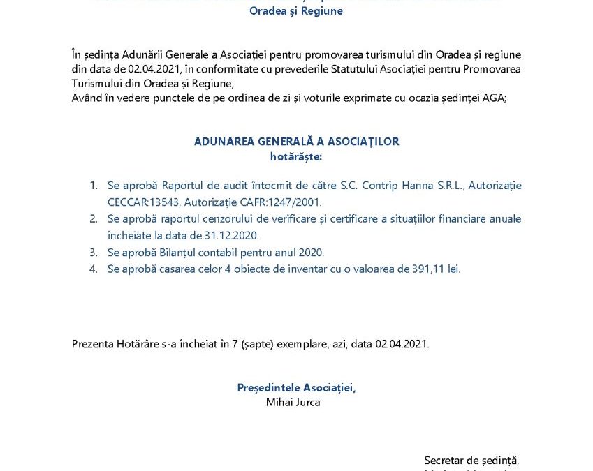 Hotărâre AGA nr. 58/ 02.04.2021 privind aprobarea Raportului de Audit